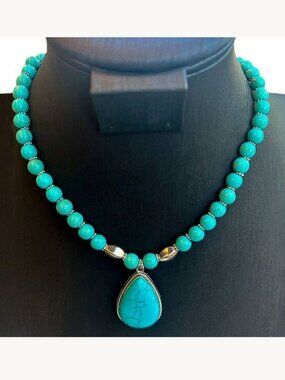 Turquoise Beaded Necklace with Silver Accents 18.5" - 21"